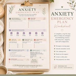 May include: An Anxiety Emergency Plan worksheet on a clipboard with a gold clip. The document features nine numbered sections for coping strategies, emergency contacts, and self-care reminders, printed in black, pink, and purple text on white paper.