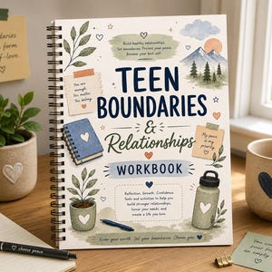 Peut inclure: Un cahier à spirales intitulé Teen Boundaries & Relationships avec une couverture blanche illustrée de montagnes, de plantes, d'une gourde et d'un petit carnet. Le texte comprend des phrases de motivation et des cœurs bleus, verts et orange.