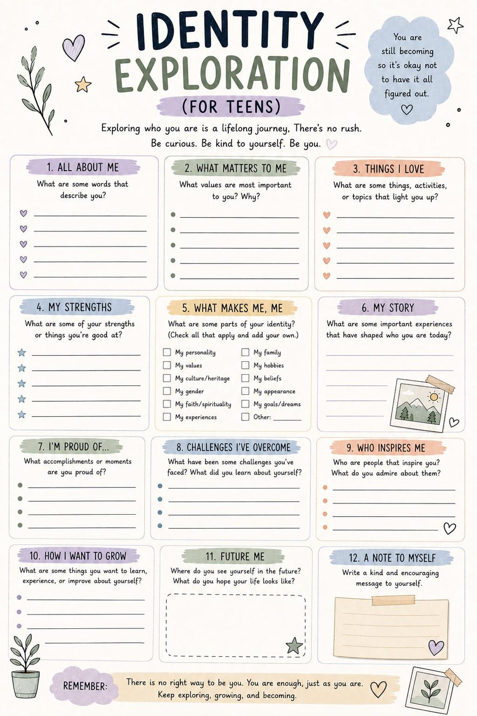 Identity Exploration Worksheet for Teens | Self-discovery & Reflection ...