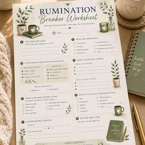 May include: A Rumination Breaker Worksheet printed on white paper with sage green botanical illustrations, heart icons, and numbered sections. The text includes headers like The Thought Loop, What Am I Replaying, and What Is Within My Control.