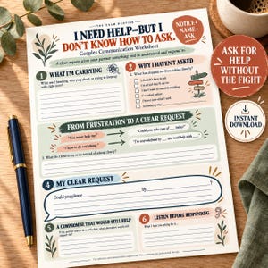 Pode incluir: Uma folha de exercícios de comunicação para casais intitulada I Need Help-But I Don't Know How To Ask. O documento apresenta seis seções numeradas com sugestões de reflexão, incluindo What I'm Carrying, Why I Haven't Asked e My Clear Request.