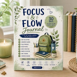 May include: A rectangular book titled Focus & Flow Journal with a white cover featuring green watercolor accents, a green backpack, a blue water bottle, and a list of features for kids ages 8-12. The text includes 30 Days to Build Better School Habits.