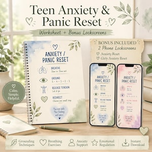 Op de afbeelding: Een spiraalgebonden werkblad getiteld Teen Anxiety & Panic Reset met aardingstechnieken, ademhalingsoefeningen en stappen voor emotionele regulatie. Inclusief twee digitale telefoonvergrendelingsschermen met bijpassende blauwe en roze ontwerpen.
