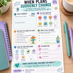May include: A printed worksheet titled When Plans Suddenly Change for ages 10-14, featuring six numbered sections with prompts, checkboxes, and colorful illustrations of icons, a signpost, and a plant to help process unexpected life changes.