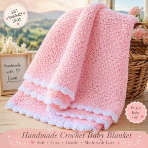 May include: A handmade pink crochet baby blanket with a white scalloped edge. The blanket is folded and draped, showcasing its texture. The text "Handmade Crochet Baby Blanket" is visible.