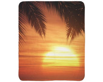 Tropical Sunset Fleece Sherpa Blanket | Palm Silhouette Beach Scene