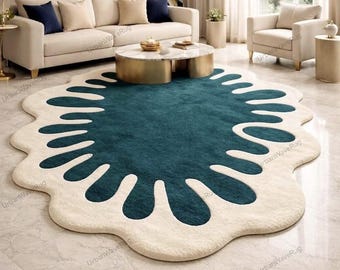 Alfombra abstracta de lana tejida a mano, alfombra geométrica moderna para sala de estar, alfombra moderna abstracta con forma de salpicadura en azul verdoso y crema.