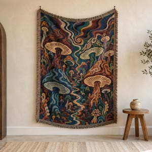 Psychedelic Mushroom Woven Blanket, Trippy Forest Cotton Throw, Retro 70s Groovy Tapestry, Hippie Boho Wall Hanging, Whimsical Fungi Decor