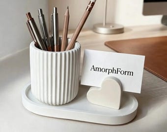 Juego organizador de escritorio / Portalápices acanalado, bandeja ovalada y tarjetero / Hecho a mano / Jesmonite / Decoración de oficina