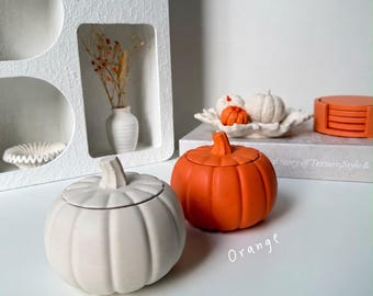 Tarro de almacenamiento con forma de calabaza y tapa, tarro de jesmonita hecho a mano, decoración otoñal.