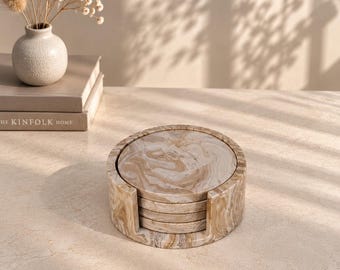 Juego de 4 posavasos y soportes / Color personalizado / Hecho a mano / Jesmonite / Decoración minimalista neutra para el hogar, vajilla y regalos