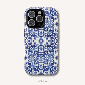 Custodia per telefono con motivo a piastrelle portoghesi - Cover in ceramica blu con motivo costiero per iPhone e Samsung, custodia estetica resistente e a scatto PC063