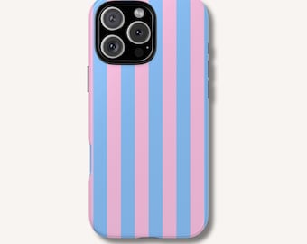 Pink-blau gestreifte Handyhülle – Pastellfarbenes Streifenmuster, ästhetische und robuste MagSafe-Hülle mit Schnappverschluss für iPhone & Samsung PC052