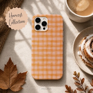 Orange Pink Gingham Phone Case - Hand Painted Check Pattern, Retro Aesthetic iPhone & Samsung Case PC136