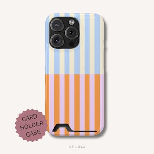 Pastel Striped Card Holder Phone Case - Retro Credit Card Wallet Case for iPhone & Samsung, Color Block Phone Cover PC108