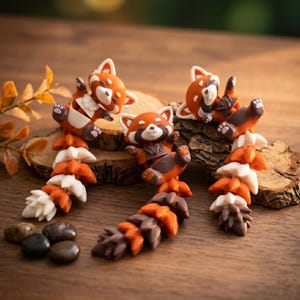 Peut inclure: Trois petites figurines de panda roux avec des corps articulés et de longues queues segmentées. Les personnages présentent des motifs de fourrure orange, blanc et brun foncé, de petites oreilles et des pattes. Chaque panda est en position allongée.