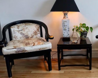 Vintage Chinoiserie Barrel Chairs — Black Lacquer & Asian Toile — Set of 2