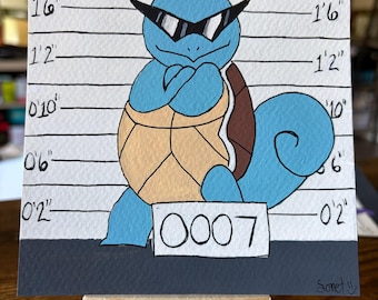 May include: A square art print featuring a blue turtle character wearing black sunglasses, standing against a white mugshot background with black horizontal lines and height markers. The character holds a sign with the number 0007.