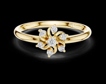 bague en diamant fleur d'inspiration vintage, bague en diamant rond de laboratoire, bijoux de mariée délicats en or jaune