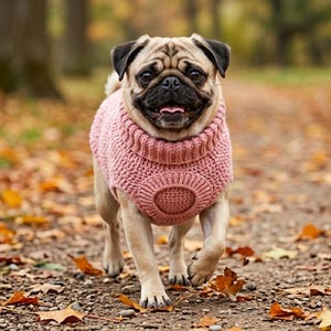 Op de afbeelding: Een beige mopshond draagt een roze gebreide trui met een cirkelvormig ontwerp en loopt op een pad bedekt met herfstbladeren. De hond glimlacht, met zijn tong uit. De achtergrond is wazig.