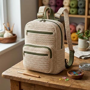 May include: A beige crochet backpack featuring olive green zippers and matching olive green adjustable straps. The bag has a main compartment and a smaller front pocket, both secured with metal zippers. The texture is consistent throughout the piece.