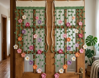 Padrão de cortina de crochê com estampa floral de trepadeira, estilo boho para janela (ideal para iniciantes)