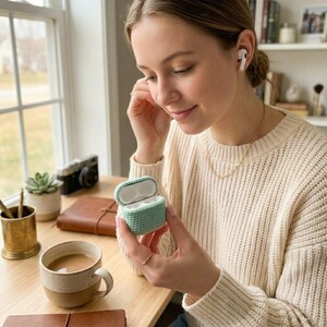 May include: A light green crocheted case for wireless earbuds, open to reveal the earbuds inside. The case is held in front of a person wearing a cream-colored sweater. A cup of coffee, a camera, and a succulent plant are on the table.