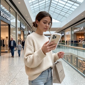 May include: A woman in a cream-colored sweater and light blue jeans holds a smartphone with a beige and white crocheted case. She is in a shopping mall, carrying a shopping bag. The mall has a glass ceiling and various storefronts.