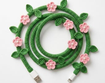 Crochet Flower Vine Charging Cord Cover Pattern, Floral Cable Wrap (PDF Pattern)