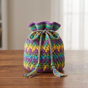 Padrão de Bolsa Potli de Crochê, Padrão de Bolsa com Cordão de Crochê, Mini Bolsa Texturizada e Colorida, Bolsa com Babados e Franjas, Padrão de Bolsa Potli de Crochê DIY