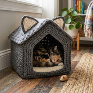 Puede incluir: Una casa para gatos gris tejida a ganchillo con forma de casa, con orejas beige. Un gato está durmiendo dentro sobre un cojín blanco. Un ratón de juguete de madera está en el suelo frente a la casa. El gato tiene pelaje marrón y negro.
