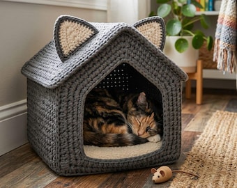 Padrão de casinha de crochê para gatos, caverna para gatos feita com fio grosso, cama aconchegante para animais de estimação, design com orelhas de gato.