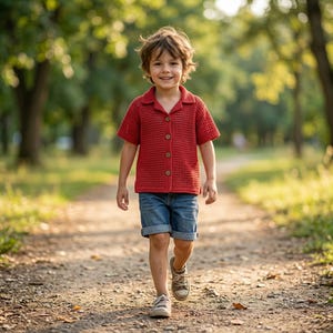 May include: A young child wearing a red, short-sleeved, button-down shirt and denim shorts walks on a dirt path. The shirt has a textured pattern and wooden buttons. The child is also wearing canvas sneakers.