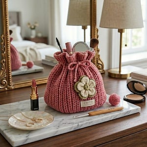May include: A pink knitted cosmetic bag with a drawstring closure and a crocheted flower applique. The bag contains makeup brushes, mascara, and lipstick. A small label reads "CRFTD Essentials". A gold-rimmed mirror and jewelry dish are also present.