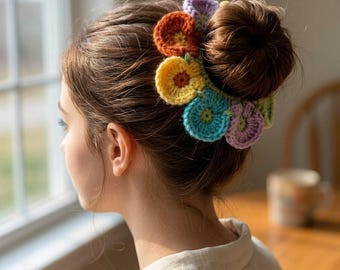Layered Flower Crochet Scrunchie Pattern, Boho Hair Accessory (PDF Download)