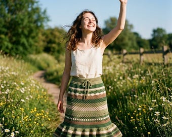 Boho Crochet Maxi Skirt Pattern PDF, Mesh Flounce Skirt, High Waist Festival Skirt, Flared Ruffle Hem, Multicolor Summer Skirt