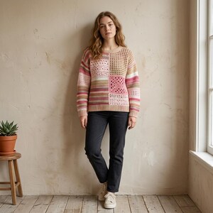 Gehaakte patchwork mesh gehaakte truipatroon, oversized gehaakte trui, boho kanten trui pdf, blokgehaakte top, haakpatroon pdf