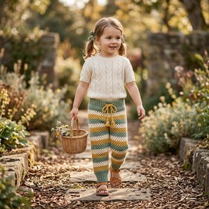 Puede incluir: Un niño con un top de punto color crema y pantalones a rayas verdes, amarillos y blancos. Sostiene una pequeña cesta de mimbre llena de flores y lleva sandalias marrones. El conjunto es ideal para un día de primavera o verano.