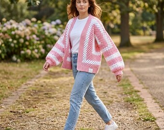Crochet Hexagon Cardigan Pattern, Pink White Stripes, Oversized Boho Sweater (Digital PDF)