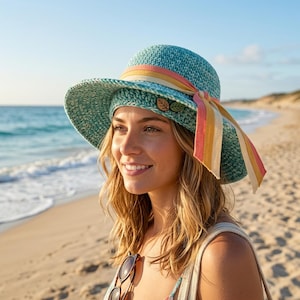 May include: A turquoise sun hat with a wide brim and a striped ribbon. The hat has a leaf-shaped embellishment and is worn by a person on a beach. The hat is a stylish accessory for sunny days.