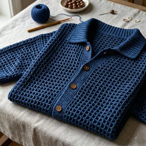 May include: A navy blue, open-weave crochet cardigan with a collared neckline and wooden buttons. The cardigan is folded on a neutral surface, with a ball of yarn and crochet hook visible in the background. The garment has a relaxed fit.