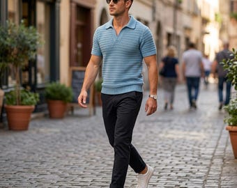 Molde para camisa polo masculina de crochê texturizado, blusa de verão de manga curta (download em PDF)