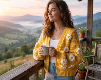 Padrão de Cardigã de Crochê Daisy, Tricô Boho Floral Oversized (Download em PDF)