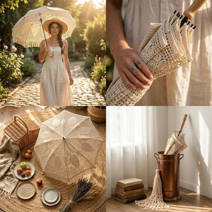 May include: A selection of cream-coloured, open-weave parasols with wooden handles and decorative fringe. One parasol is open, displaying a leaf pattern. The images also include a woman in a dress, a picnic basket, and a copper umbrella stand.
