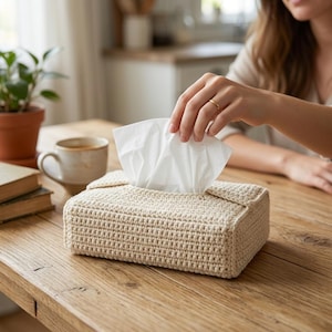 Può includere: Scatola di fazzoletti rettangolare beige all'uncinetto, con fazzoletti bianchi che vengono estratti. La scatola è appoggiata su un tavolo di legno. Sullo sfondo si vedono una tazza di caffè e una pianta in vaso.