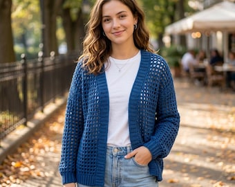 Cardigã de crochê grosso, suéter longo boho oversized em tela, cardigã com ponto vazado em treliça, suéter leve feito à mão com caimento solto.
