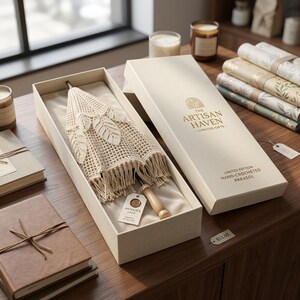 May include: A cream-coloured, hand-crocheted parasol with a wooden handle, presented in an open beige box. The box is labelled with "The Artisan Haven - Curated Gifts" and "Limited Edition Hand-Crocheted Parasol".