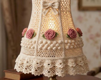 Crochet Victorian Lace Lampshade Pattern, Vintage Style Floral Cover, Roses Bow Detail