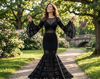 Molde para vestido longo gótico de crochê, modelo boho com mangas sino de renda (download em PDF)