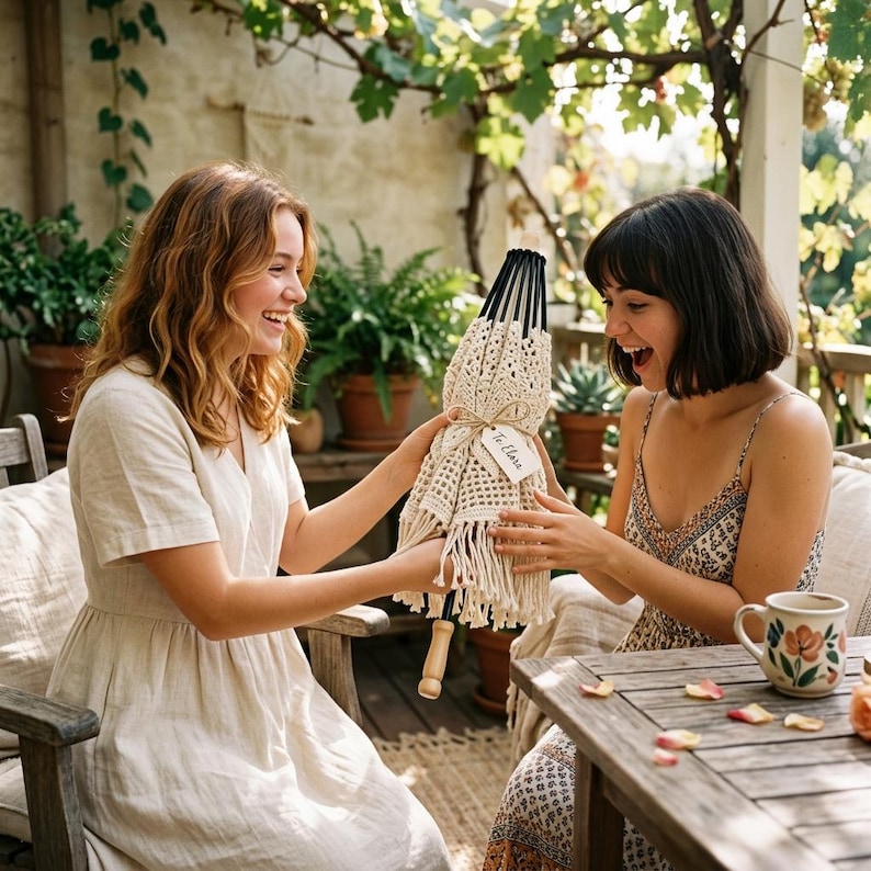 May include: Two women are smiling and holding a decorative umbrella. The umbrella has a cream-coloured macrame design with black accents and a wooden handle. A tag that says "To Elara" is attached to the umbrella.
